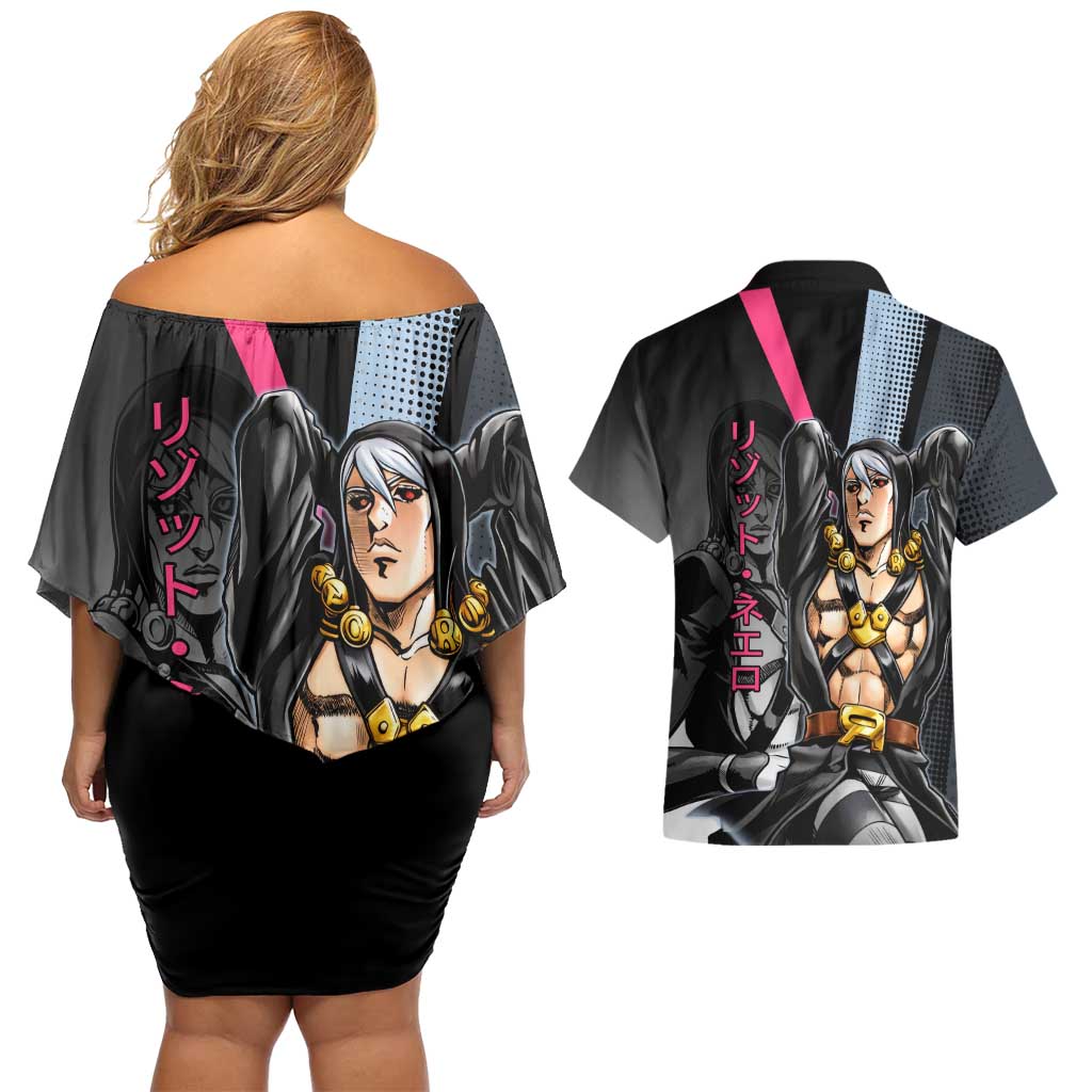 Risotto Nero JoJo’s Bizarre Adventure Couples Matching Off Shoulder Short Dress and Hawaiian Shirt with Dark Manga Style Graphic - The Mazicc