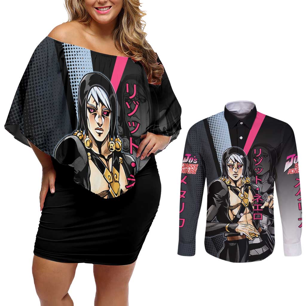 Risotto Nero JoJo’s Bizarre Adventure Couples Matching Off Shoulder Short Dress and Long Sleeve Button Shirt with Dark Manga Style Graphic - The Mazicc