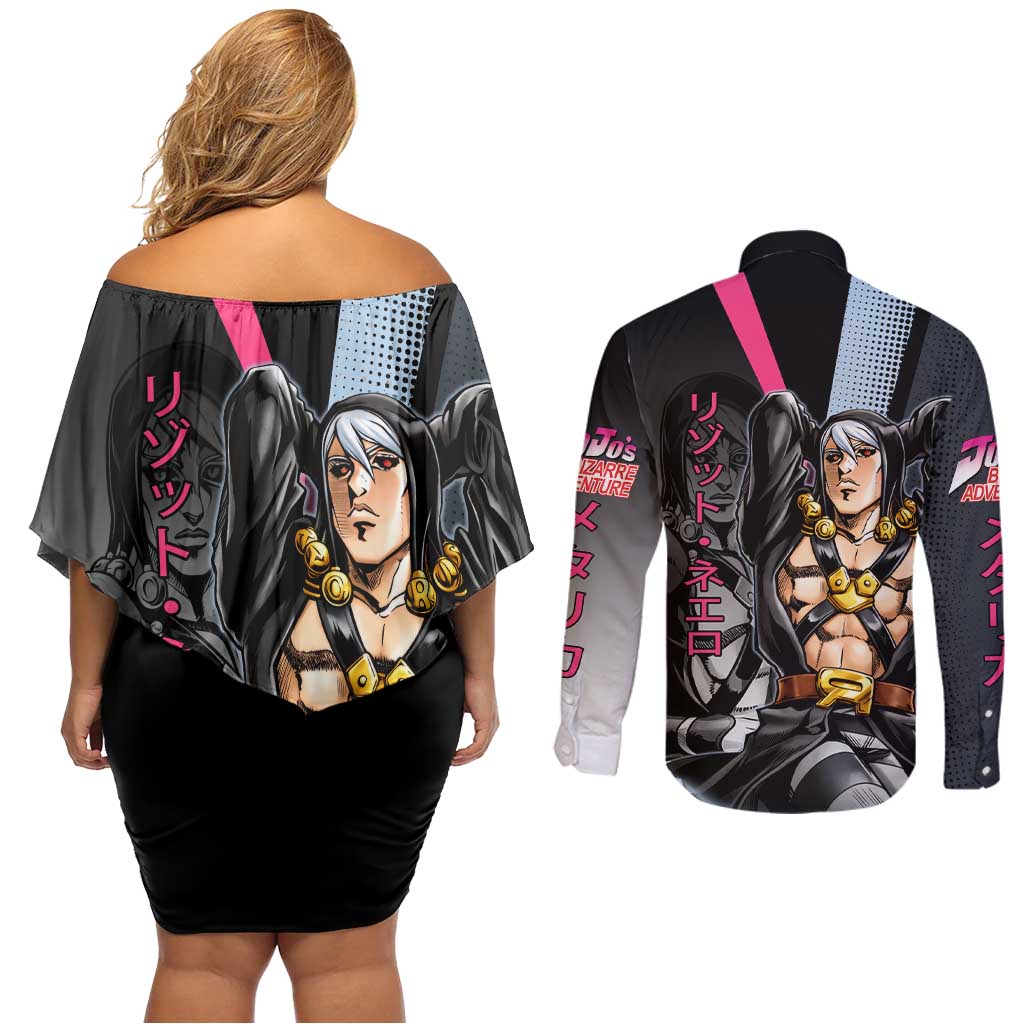 Risotto Nero JoJo’s Bizarre Adventure Couples Matching Off Shoulder Short Dress and Long Sleeve Button Shirt with Dark Manga Style Graphic - The Mazicc