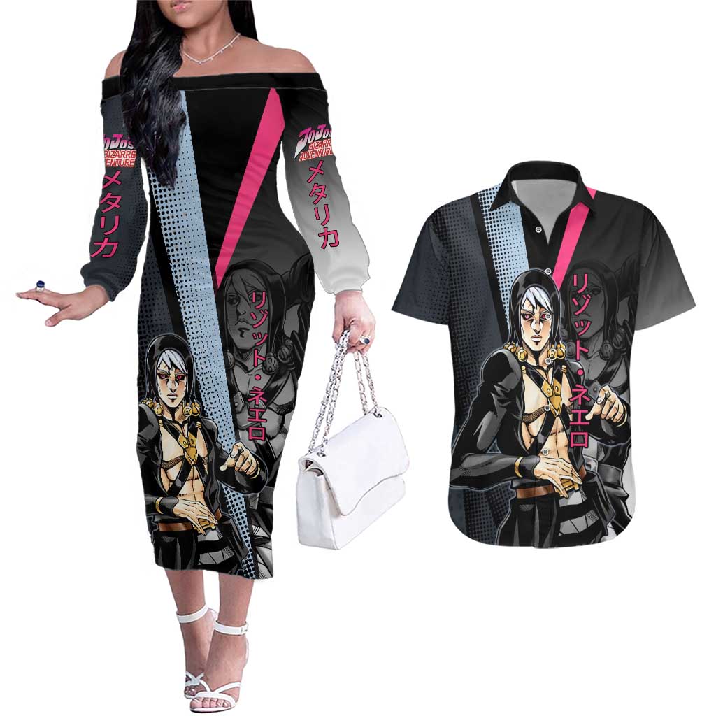 Risotto Nero JoJo’s Bizarre Adventure Couples Matching Off The Shoulder Long Sleeve Dress and Hawaiian Shirt with Dark Manga Style Graphic - The Mazicc