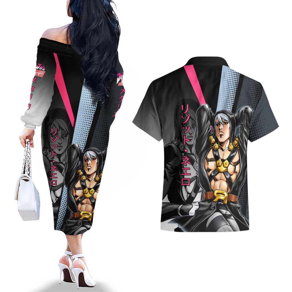 Risotto Nero JoJo’s Bizarre Adventure Couples Matching Off The Shoulder Long Sleeve Dress and Hawaiian Shirt with Dark Manga Style Graphic - The Mazicc