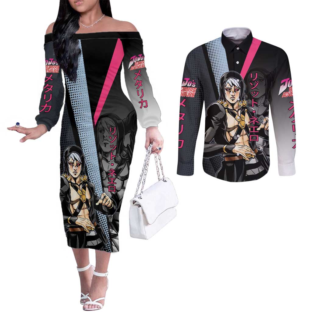 Risotto Nero JoJo’s Bizarre Adventure Couples Matching Off The Shoulder Long Sleeve Dress and Long Sleeve Button Shirt with Dark Manga Style Graphic - The Mazicc