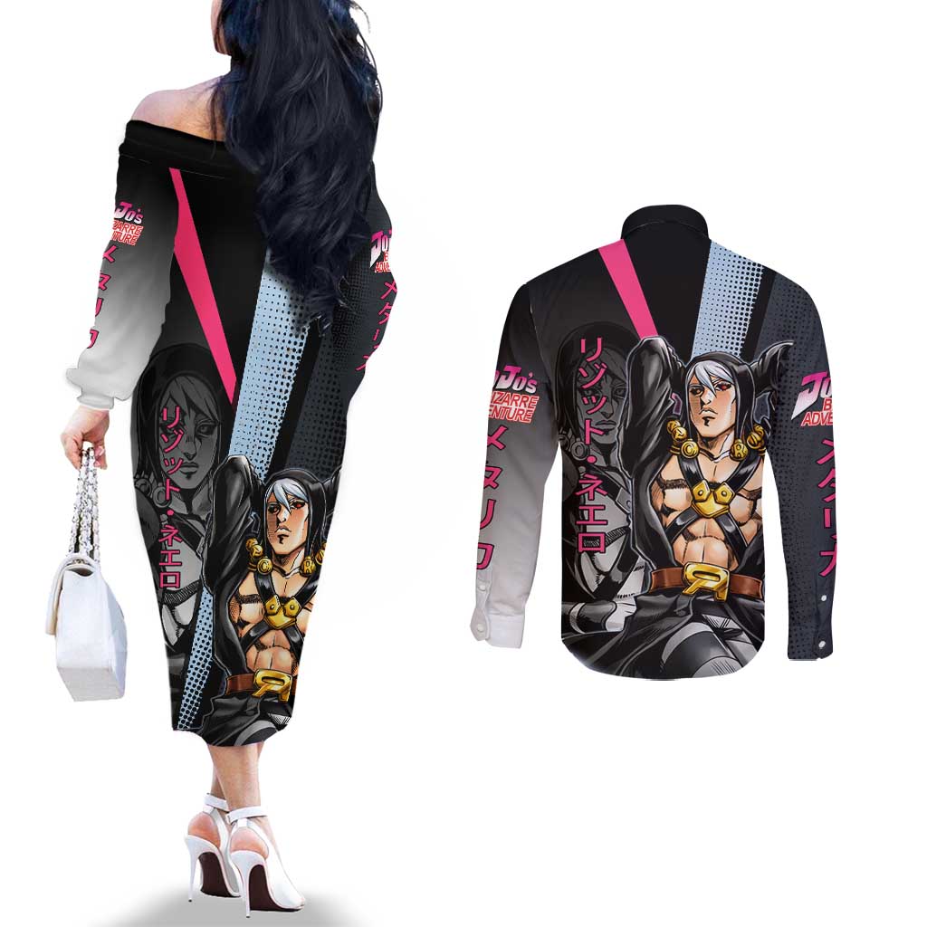 Risotto Nero JoJo’s Bizarre Adventure Couples Matching Off The Shoulder Long Sleeve Dress and Long Sleeve Button Shirt with Dark Manga Style Graphic - The Mazicc