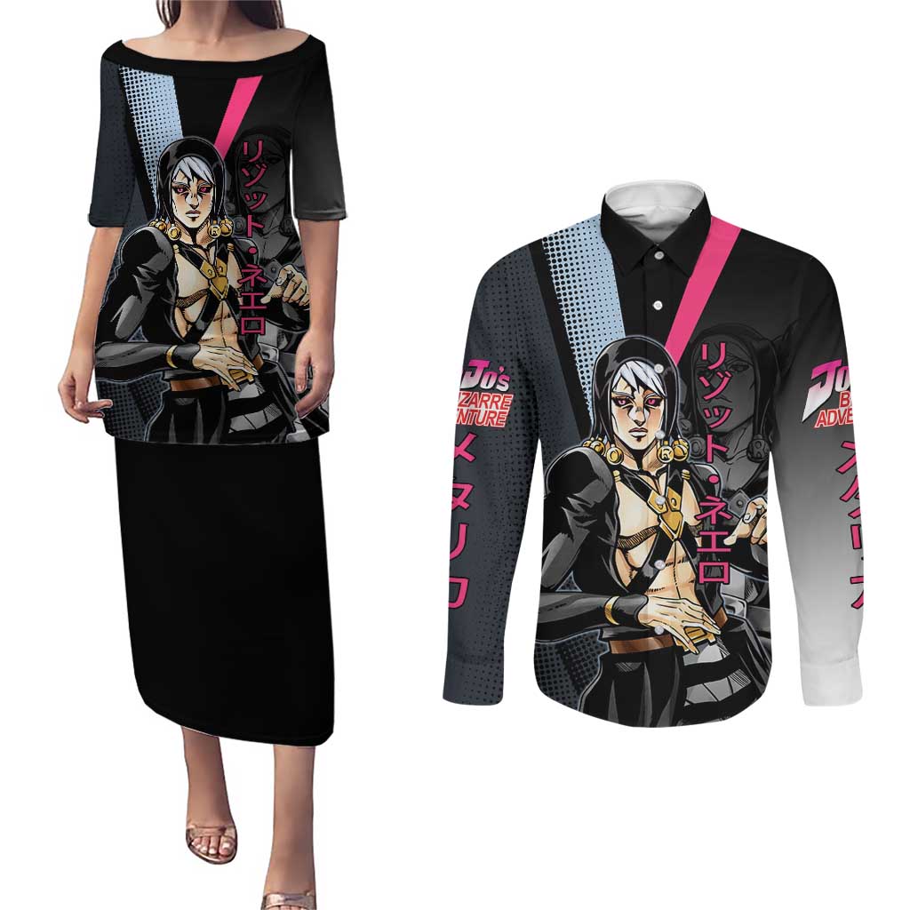 Risotto Nero JoJo’s Bizarre Adventure Couples Matching Puletasi and Long Sleeve Button Shirt with Dark Manga Style Graphic - The Mazicc