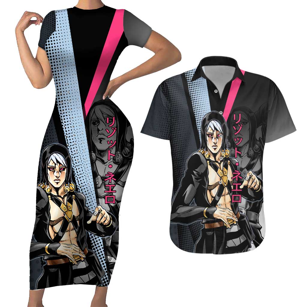 Risotto Nero JoJo’s Bizarre Adventure Couples Matching Short Sleeve Bodycon Dress and Hawaiian Shirt with Dark Manga Style Graphic - The Mazicc