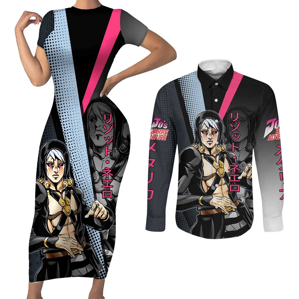 Risotto Nero JoJo’s Bizarre Adventure Couples Matching Short Sleeve Bodycon Dress and Long Sleeve Button Shirt with Dark Manga Style Graphic - The Mazicc