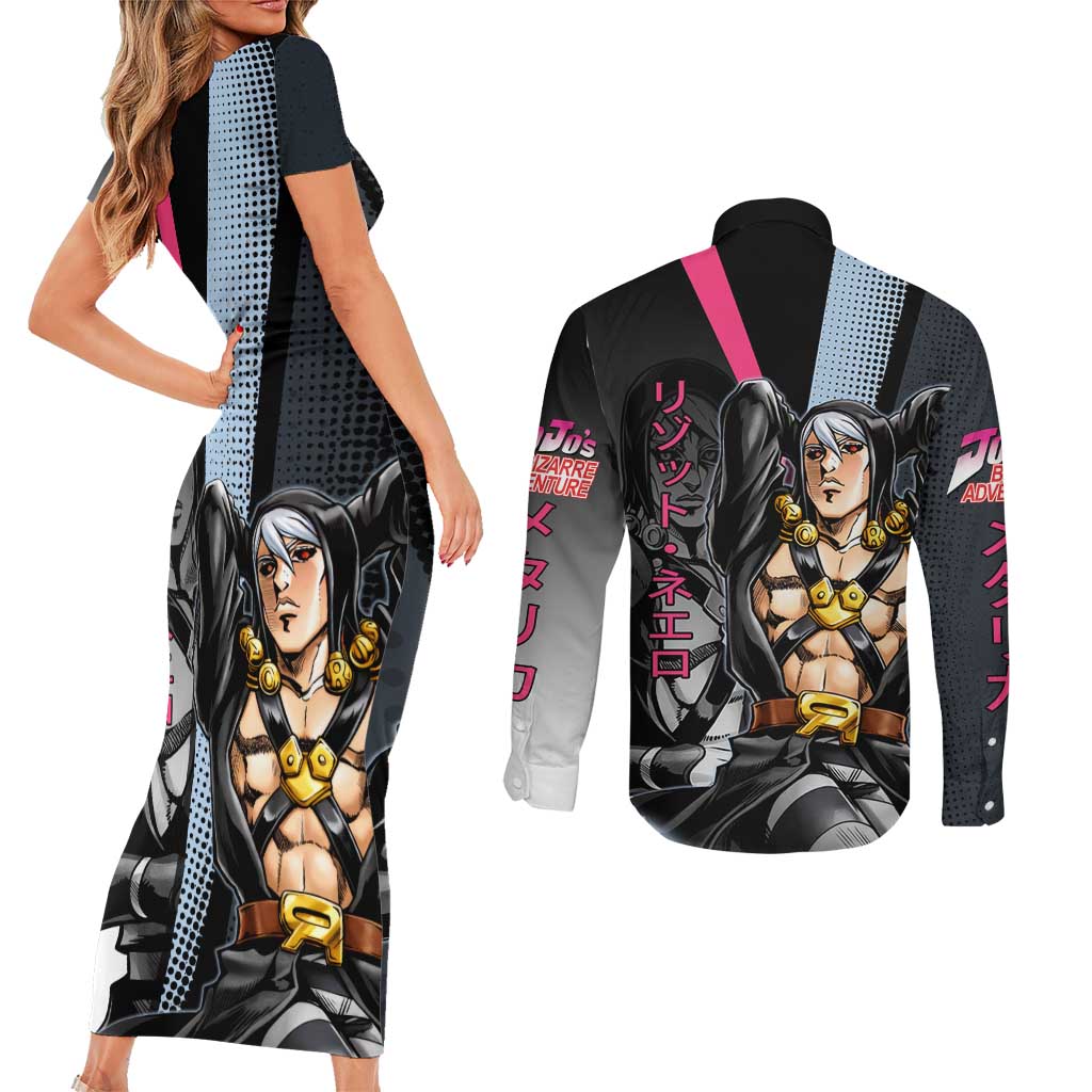 Risotto Nero JoJo’s Bizarre Adventure Couples Matching Short Sleeve Bodycon Dress and Long Sleeve Button Shirt with Dark Manga Style Graphic - The Mazicc