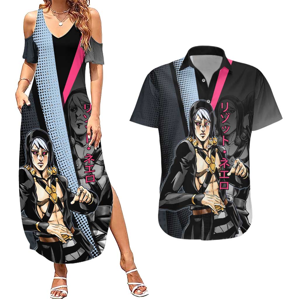 Risotto Nero JoJo’s Bizarre Adventure Couples Matching Summer Maxi Dress and Hawaiian Shirt with Dark Manga Style Graphic - The Mazicc