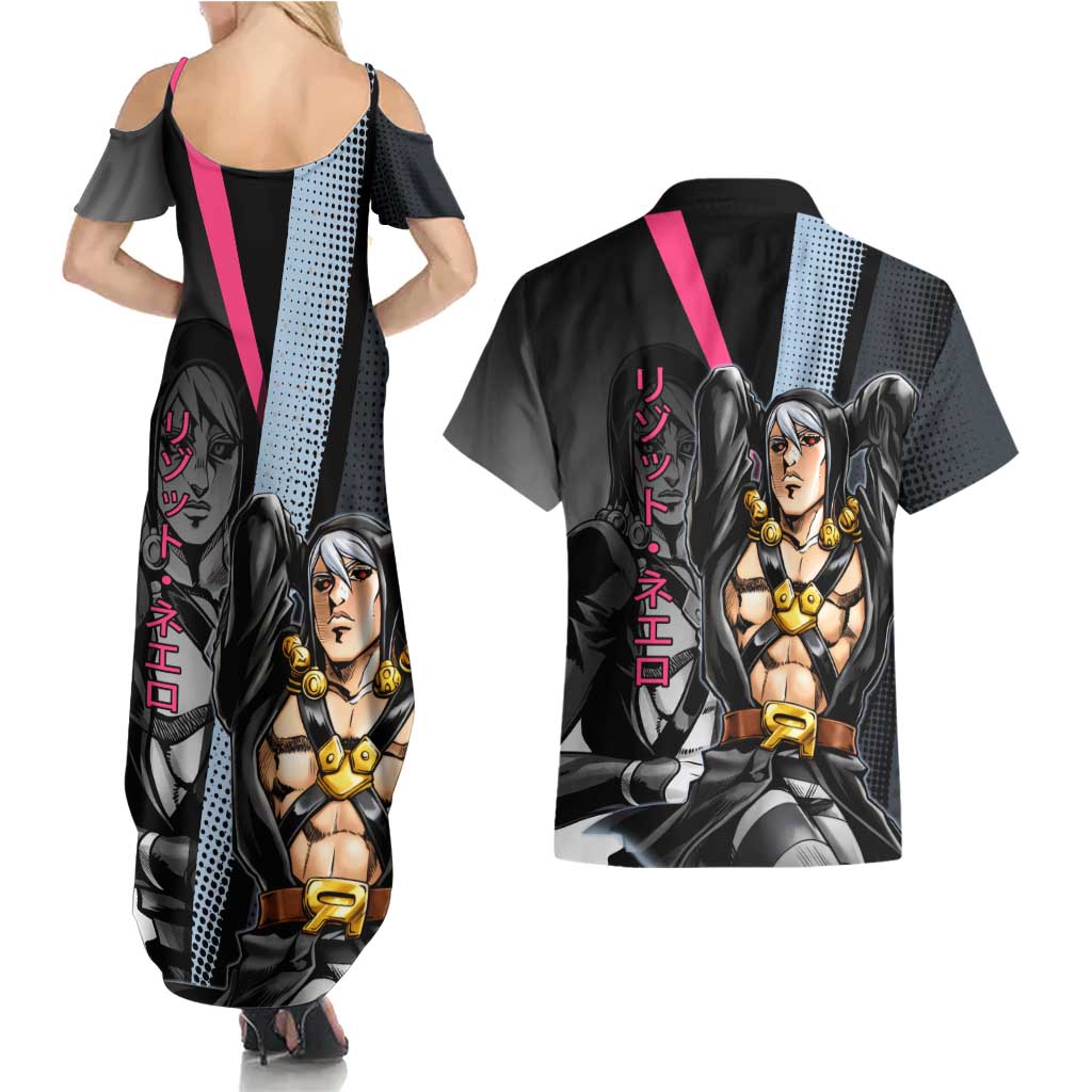 Risotto Nero JoJo’s Bizarre Adventure Couples Matching Summer Maxi Dress and Hawaiian Shirt with Dark Manga Style Graphic - The Mazicc
