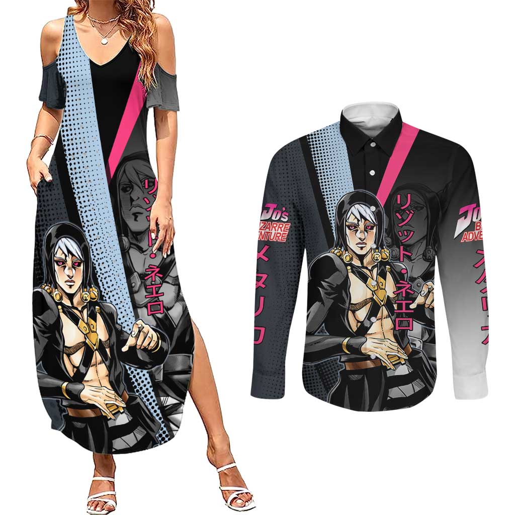 Risotto Nero JoJo’s Bizarre Adventure Couples Matching Summer Maxi Dress and Long Sleeve Button Shirt with Dark Manga Style Graphic - The Mazicc