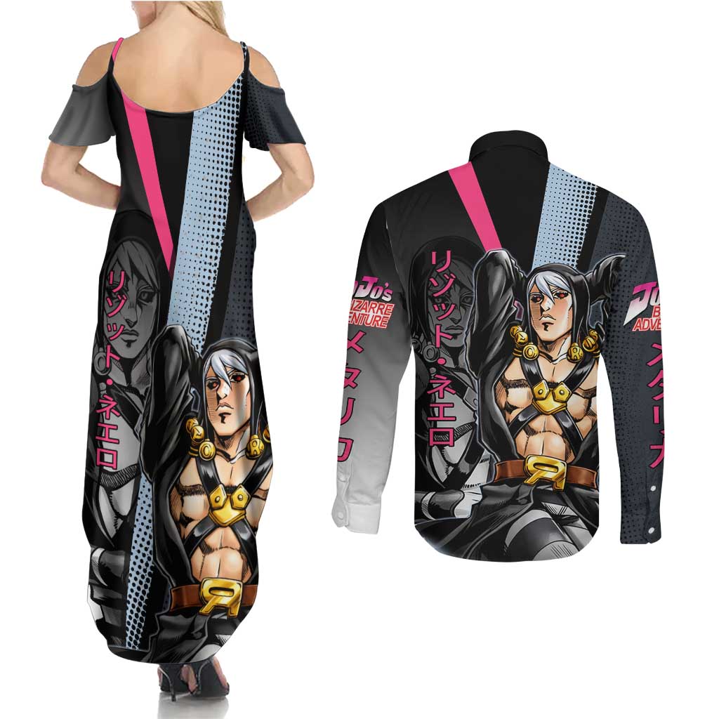 Risotto Nero JoJo’s Bizarre Adventure Couples Matching Summer Maxi Dress and Long Sleeve Button Shirt with Dark Manga Style Graphic - The Mazicc