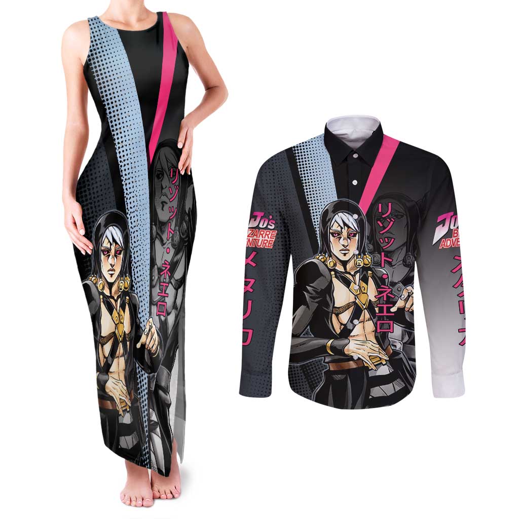 Risotto Nero JoJo’s Bizarre Adventure Couples Matching Tank Maxi Dress and Long Sleeve Button Shirt with Dark Manga Style Graphic - The Mazicc