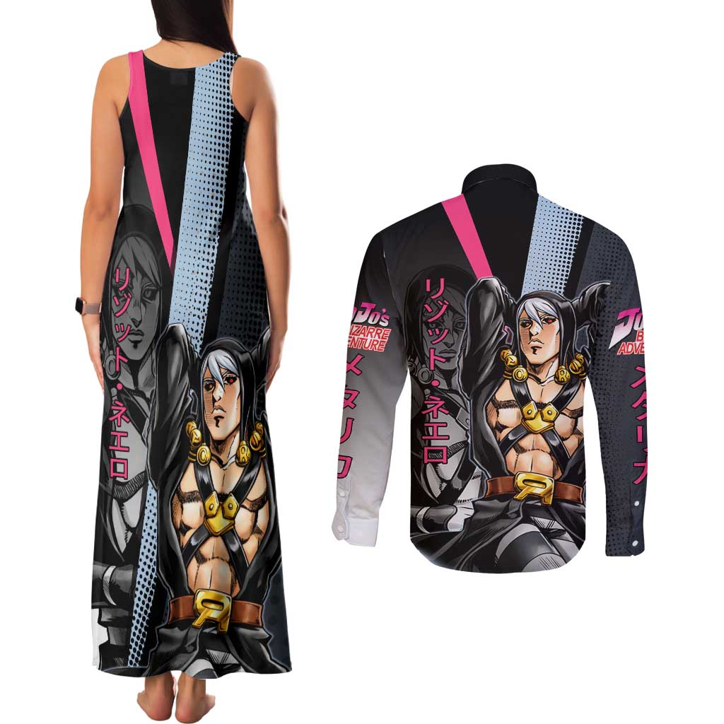 Risotto Nero JoJo’s Bizarre Adventure Couples Matching Tank Maxi Dress and Long Sleeve Button Shirt with Dark Manga Style Graphic - The Mazicc