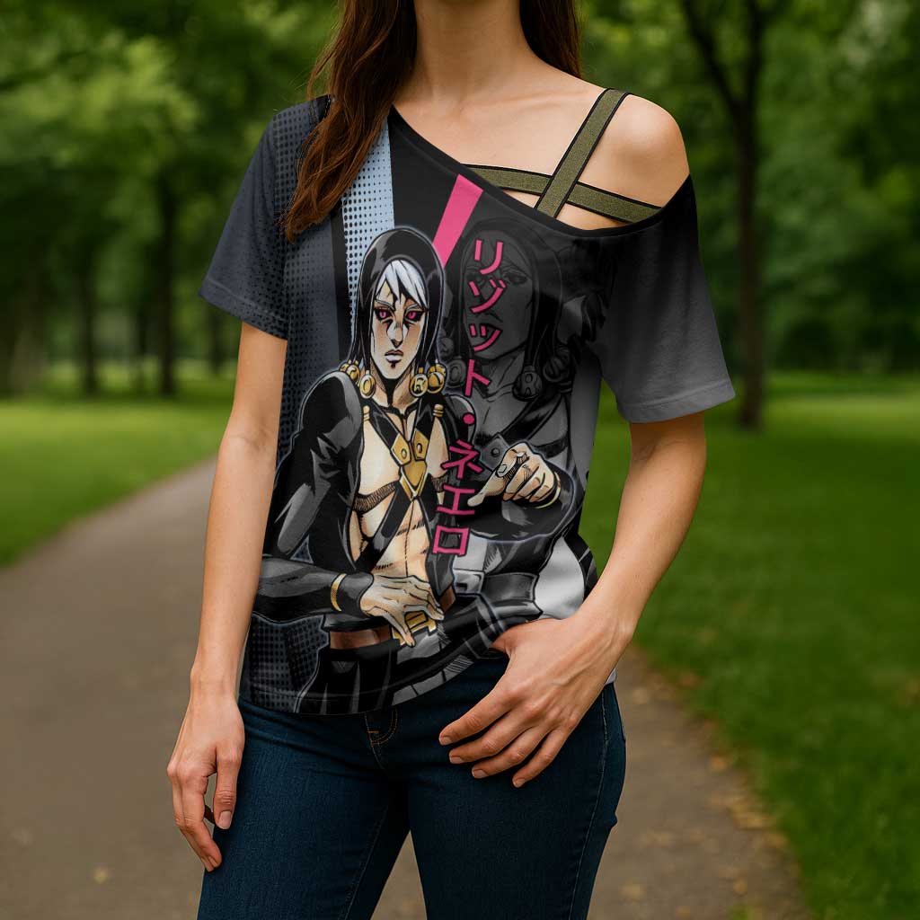 Risotto Nero JoJo’s Bizarre Adventure Cross Shoulder Shirt with Dark Manga Style Graphic - The Mazicc