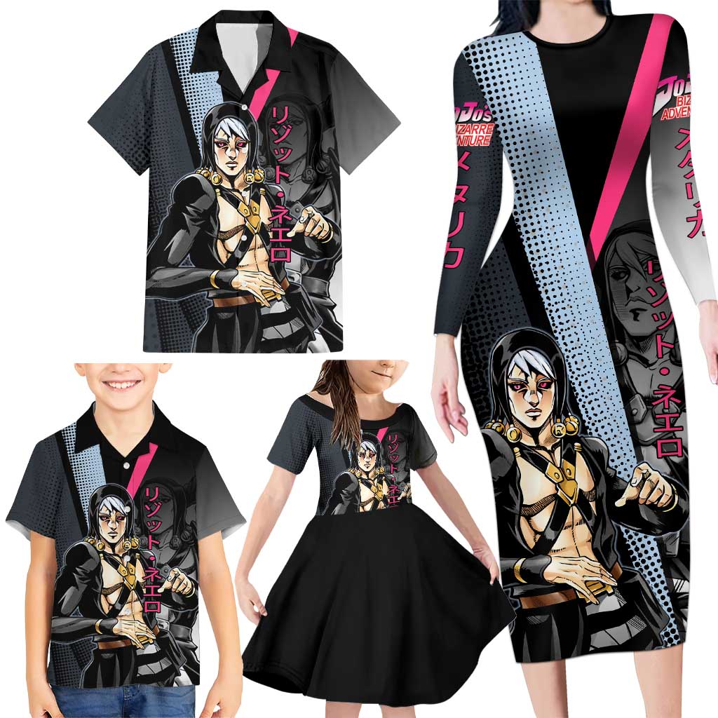 Risotto Nero JoJo’s Bizarre Adventure Family Matching Long Sleeve Bodycon Dress and Hawaiian Shirt with Dark Manga Style Graphic