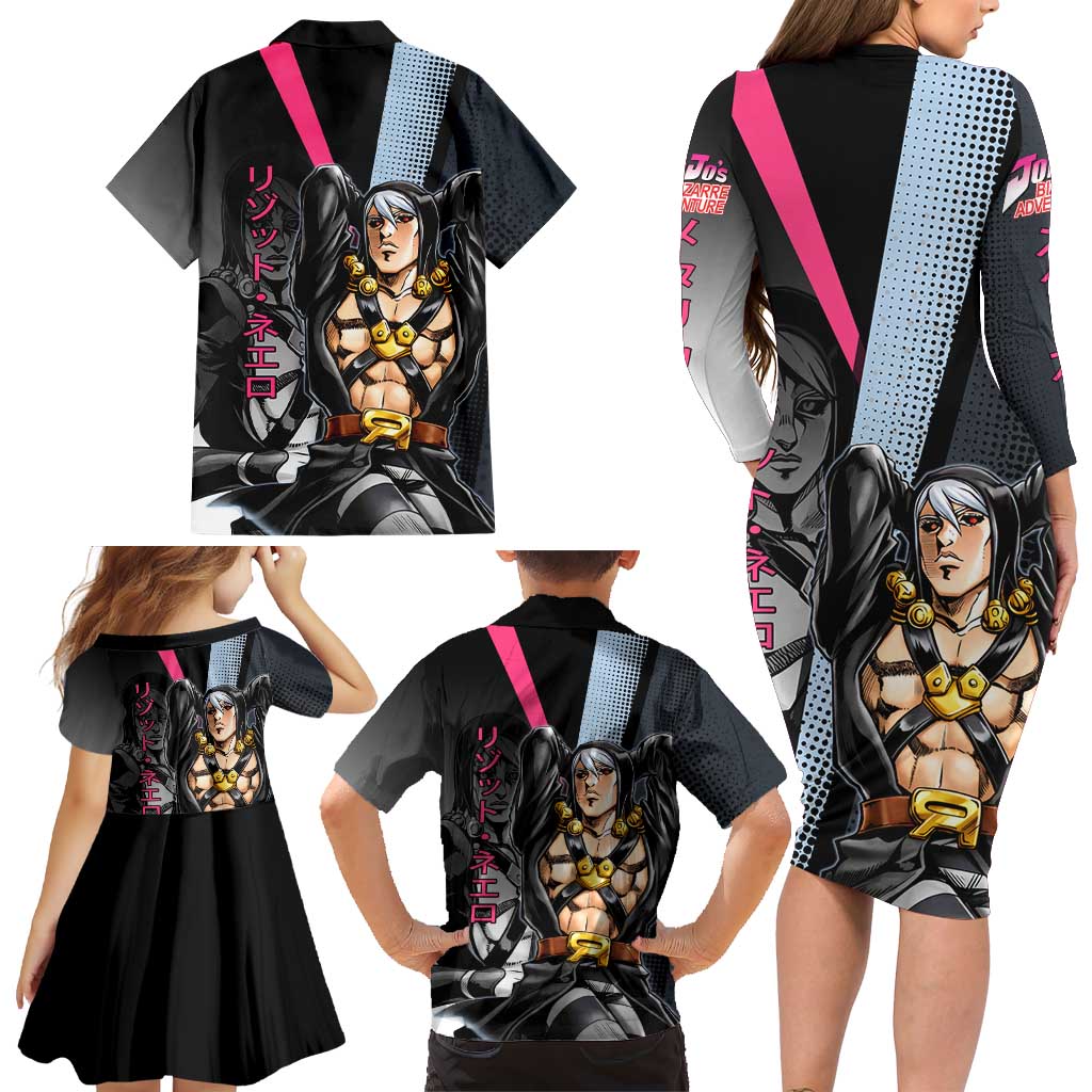 Risotto Nero JoJo’s Bizarre Adventure Family Matching Long Sleeve Bodycon Dress and Hawaiian Shirt with Dark Manga Style Graphic