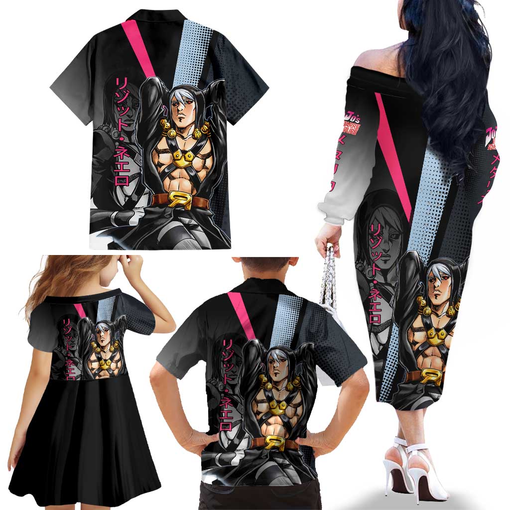 Risotto Nero JoJo’s Bizarre Adventure Family Matching Off The Shoulder Long Sleeve Dress and Hawaiian Shirt with Dark Manga Style Graphic