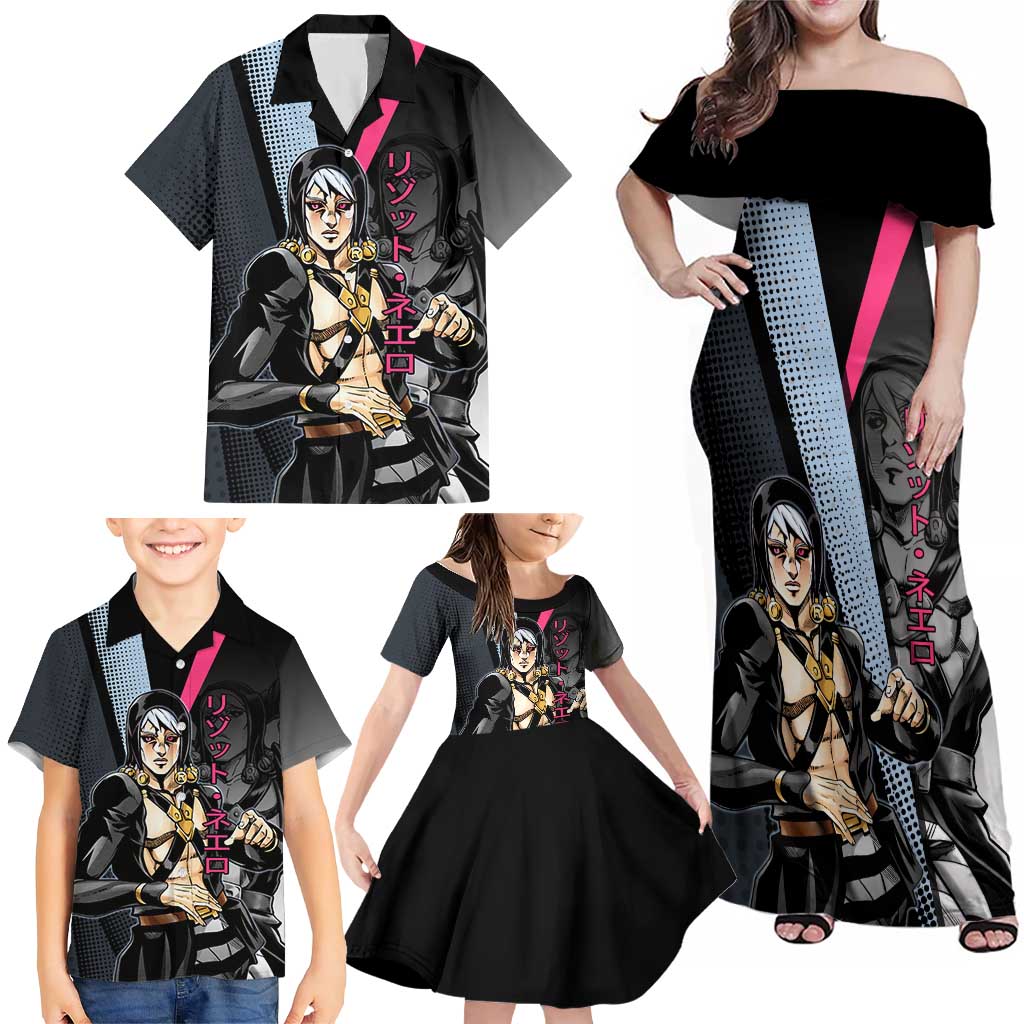 Risotto Nero JoJo’s Bizarre Adventure Family Matching Off Shoulder Maxi Dress and Hawaiian Shirt with Dark Manga Style Graphic