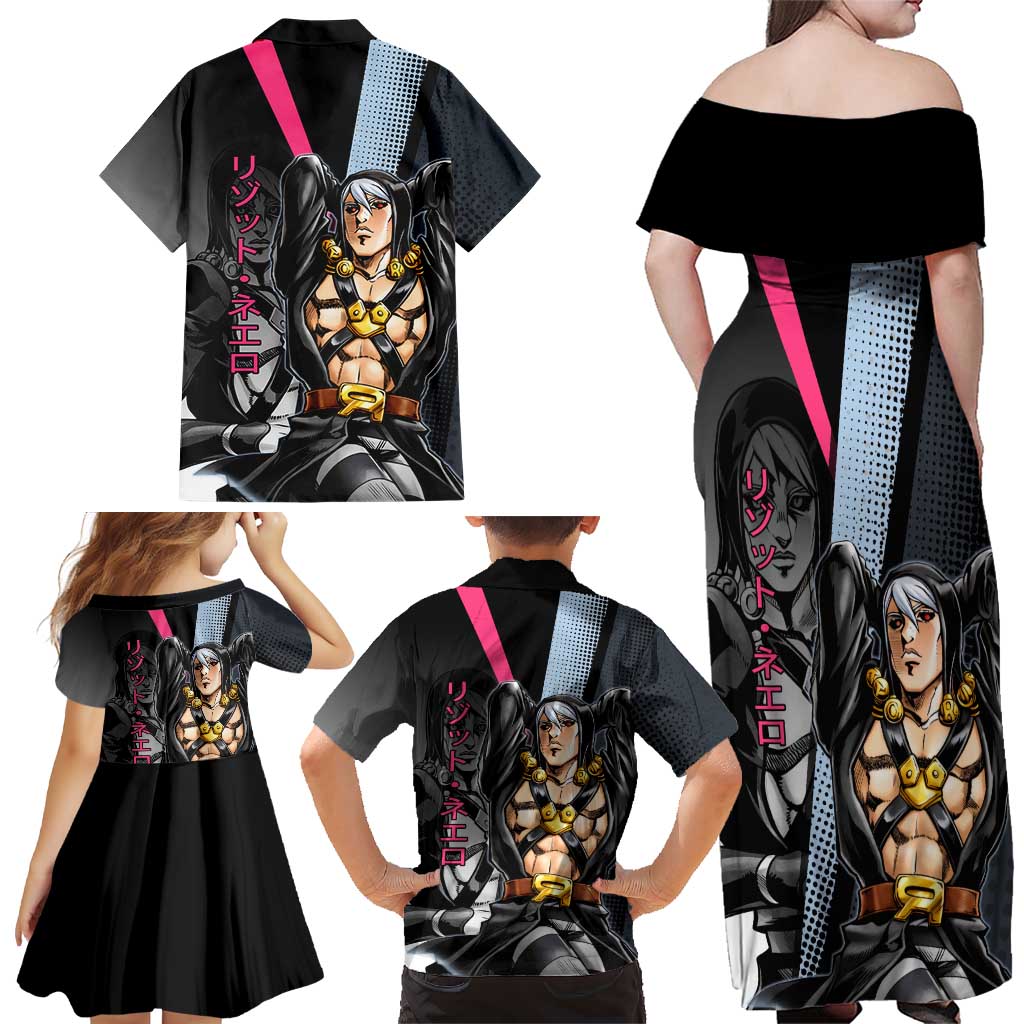 Risotto Nero JoJo’s Bizarre Adventure Family Matching Off Shoulder Maxi Dress and Hawaiian Shirt with Dark Manga Style Graphic