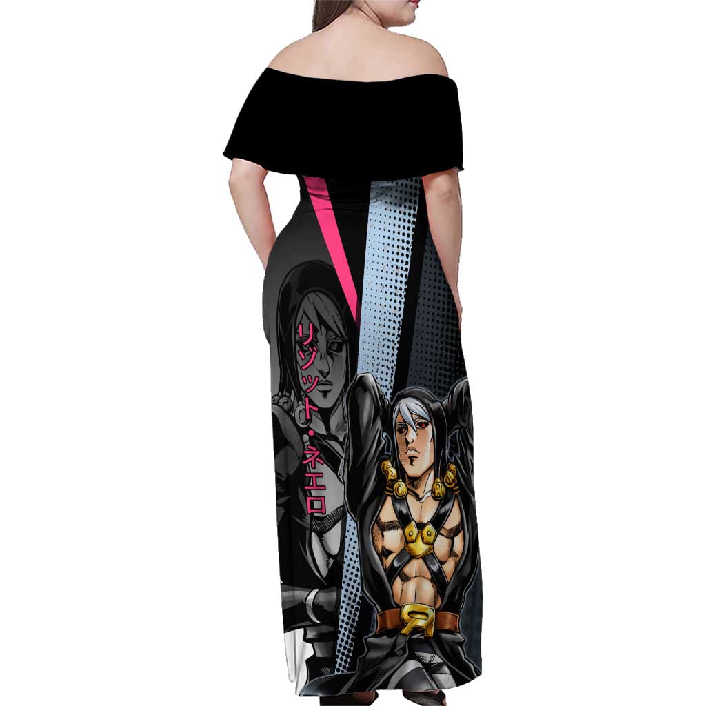 Risotto Nero JoJo’s Bizarre Adventure Family Matching Off Shoulder Maxi Dress and Hawaiian Shirt with Dark Manga Style Graphic