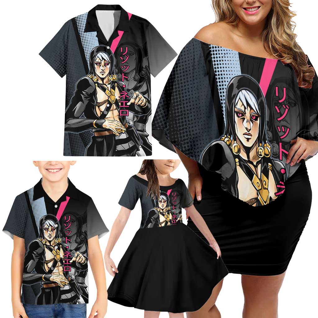 Risotto Nero JoJo’s Bizarre Adventure Family Matching Off Shoulder Short Dress and Hawaiian Shirt with Dark Manga Style Graphic