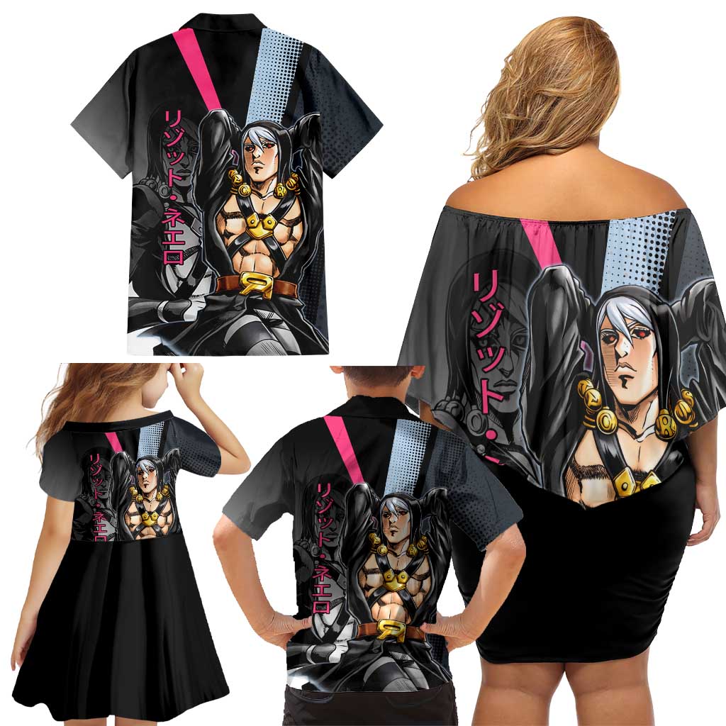 Risotto Nero JoJo’s Bizarre Adventure Family Matching Off Shoulder Short Dress and Hawaiian Shirt with Dark Manga Style Graphic