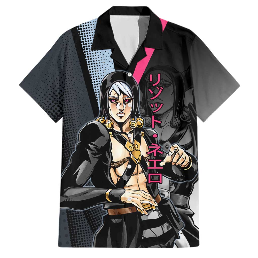 Risotto Nero JoJo’s Bizarre Adventure Family Matching Off Shoulder Short Dress and Hawaiian Shirt with Dark Manga Style Graphic
