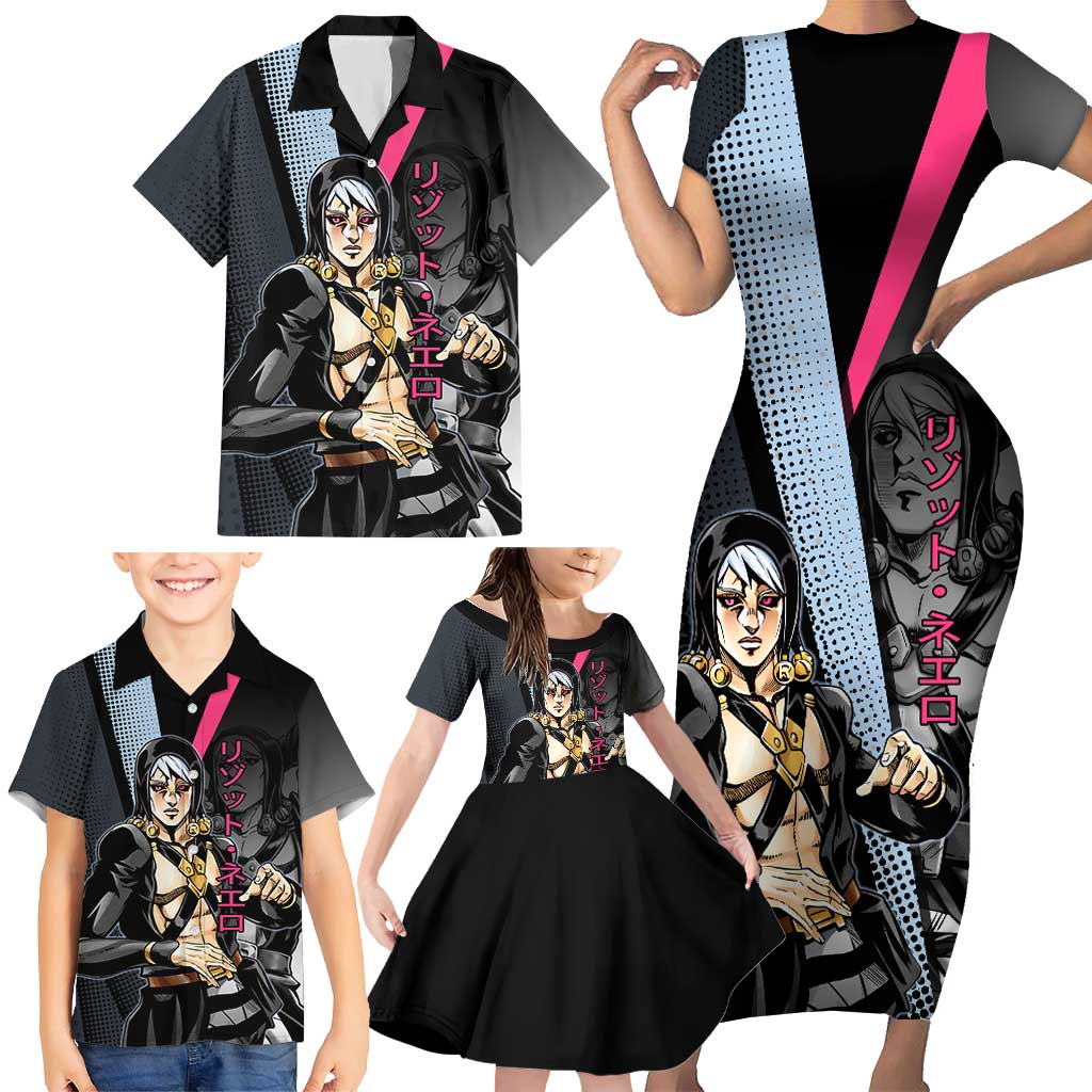 Risotto Nero JoJo’s Bizarre Adventure Family Matching Short Sleeve Bodycon Dress and Hawaiian Shirt with Dark Manga Style Graphic