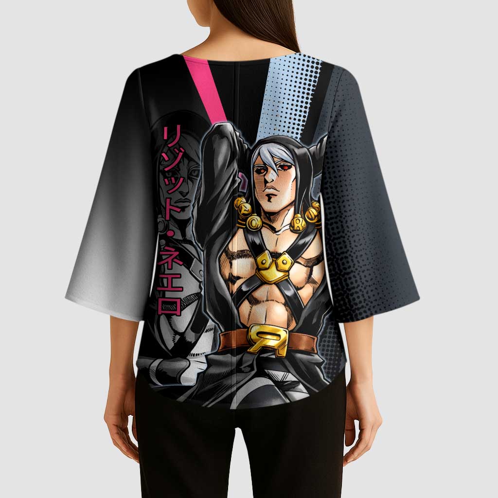 Risotto Nero JoJo’s Bizarre Adventure Kimono Sleeve Blouse with Dark Manga Style Graphic - The Mazicc