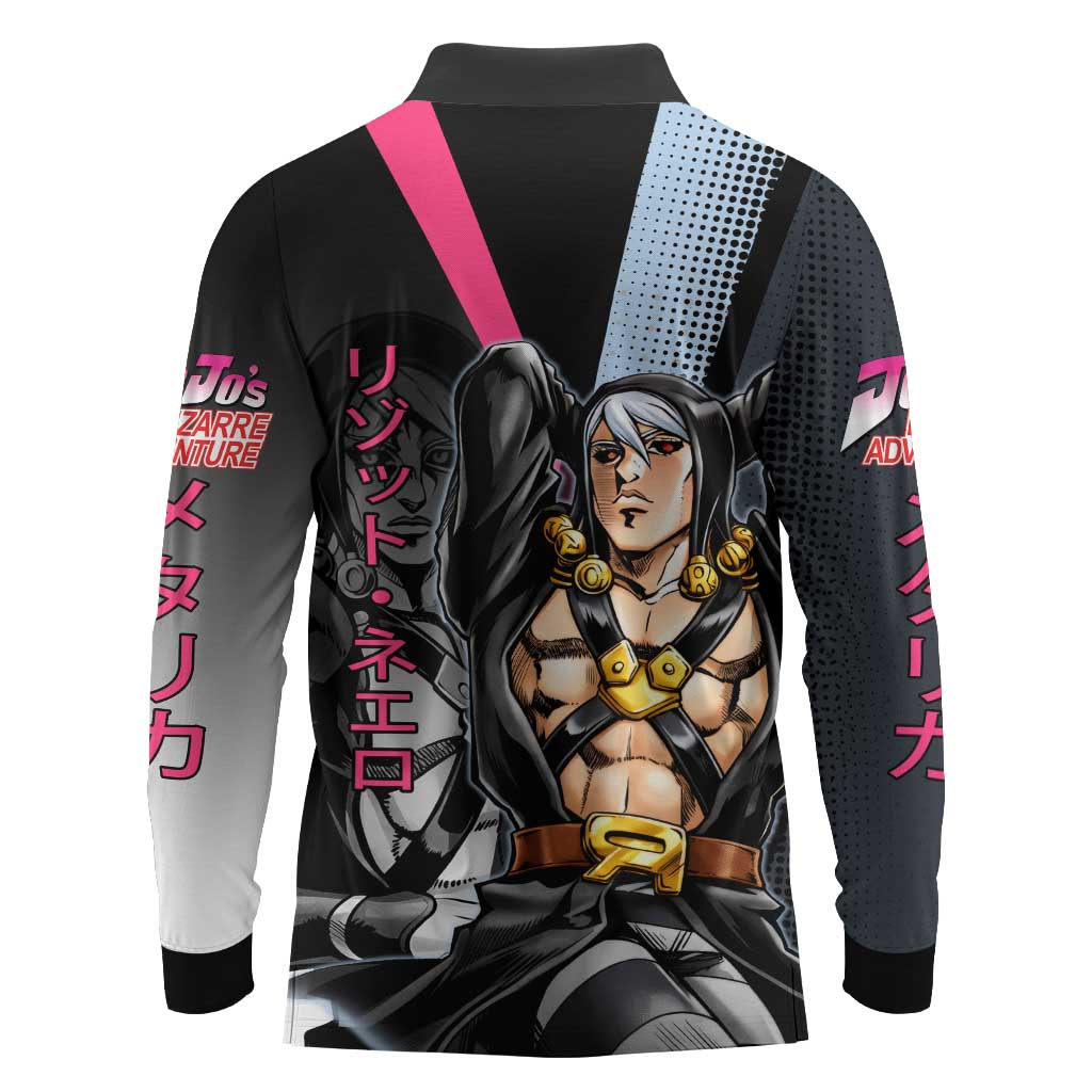 Risotto Nero JoJo’s Bizarre Adventure Long Sleeve Polo Shirt with Dark Manga Style Graphic - The Mazicc
