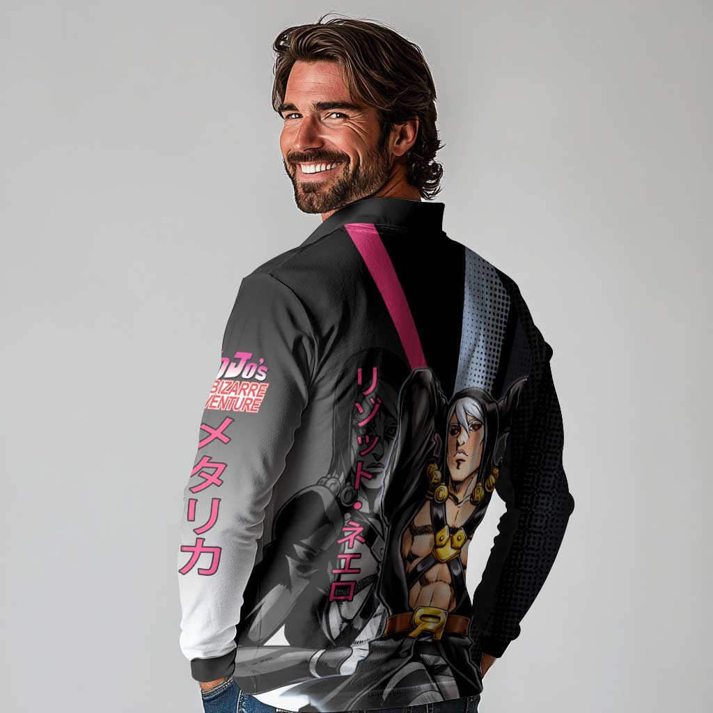 Risotto Nero JoJo’s Bizarre Adventure Long Sleeve Polo Shirt with Dark Manga Style Graphic - The Mazicc