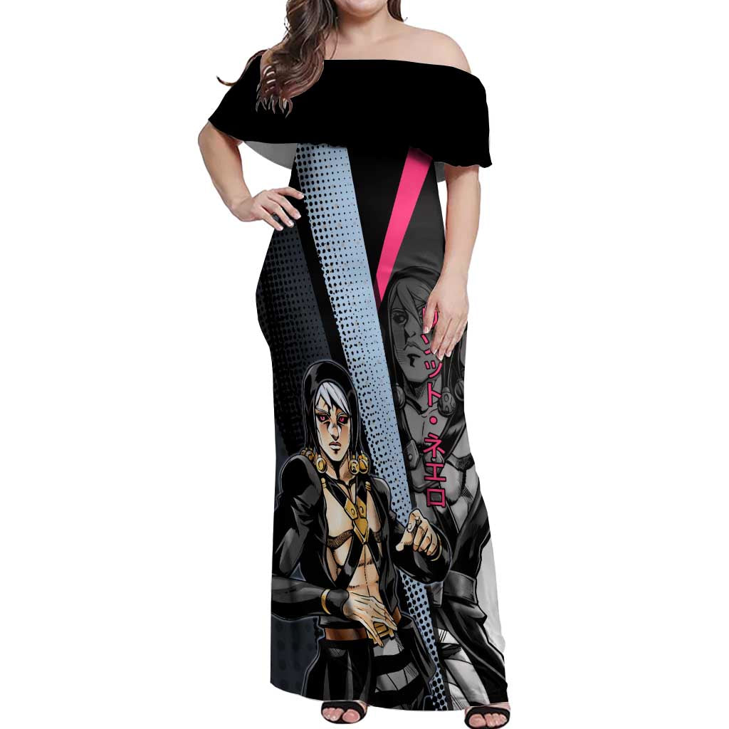 Risotto Nero JoJo’s Bizarre Adventure Off Shoulder Maxi Dress with Dark Manga Style Graphic - The Mazicc