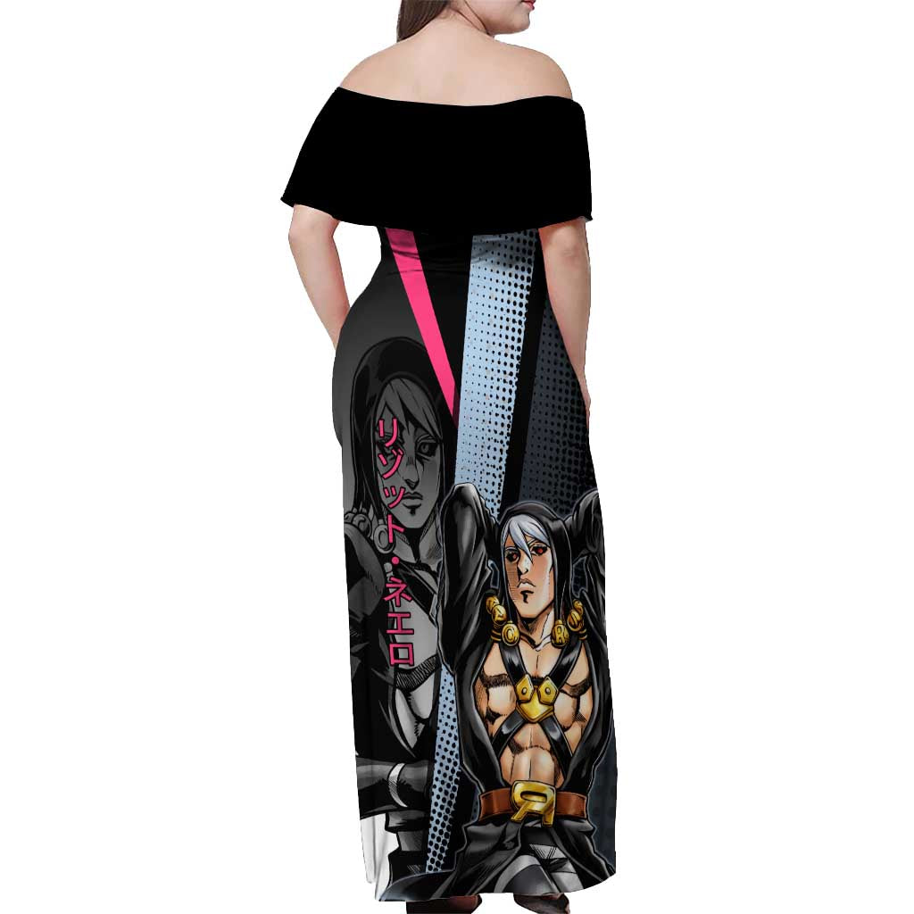 Risotto Nero JoJo’s Bizarre Adventure Off Shoulder Maxi Dress with Dark Manga Style Graphic - The Mazicc