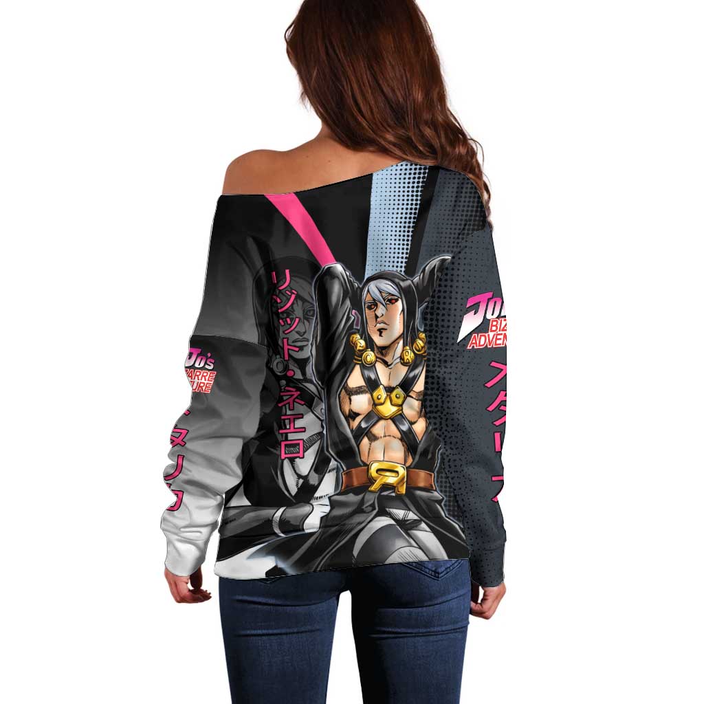 Risotto Nero JoJo’s Bizarre Adventure Off Shoulder Sweater with Dark Manga Style Graphic - The Mazicc
