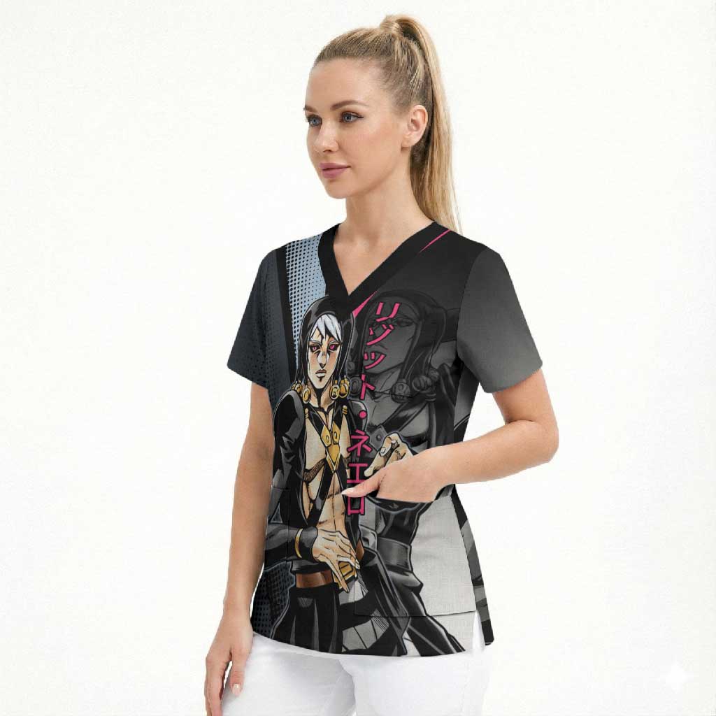 Risotto Nero JoJo’s Bizarre Adventure Scrub Top with Dark Manga Style Graphic - The Mazicc