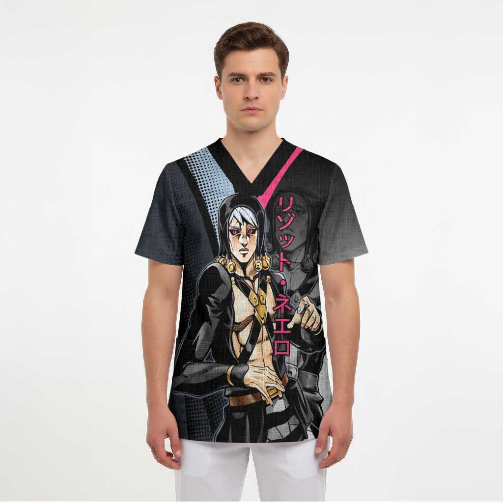 Risotto Nero JoJo’s Bizarre Adventure Scrub Top with Dark Manga Style Graphic - The Mazicc