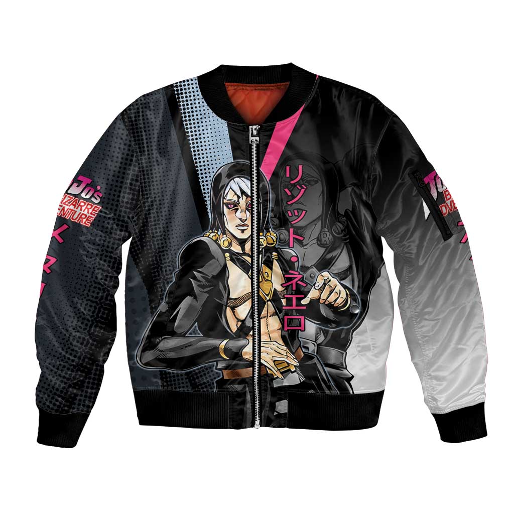 Risotto Nero JoJo’s Bizarre Adventure Sleeve Zip Bomber Jacket with Dark Manga Style Graphic - The Mazicc