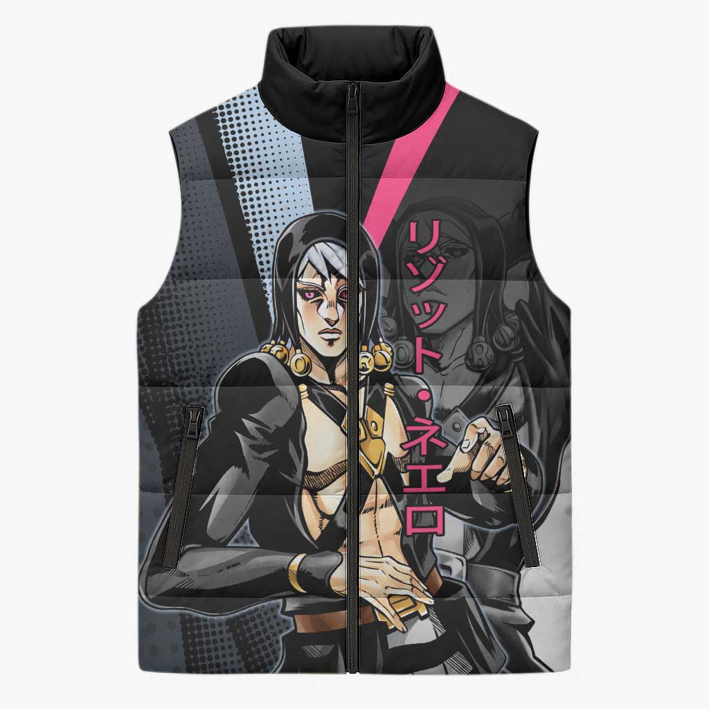 Risotto Nero JoJo’s Bizarre Adventure Sleeveless Puffer Jacket with Dark Manga Style Graphic - The Mazicc