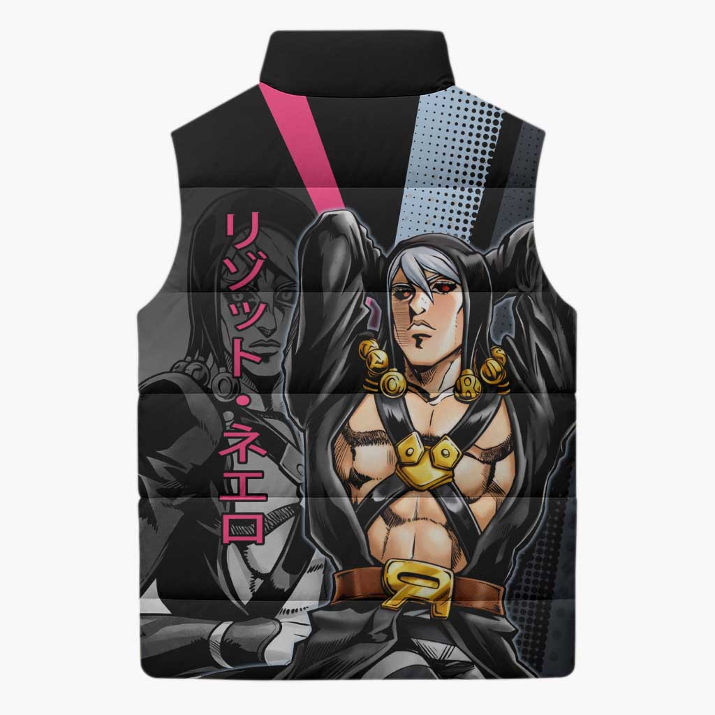 Risotto Nero JoJo’s Bizarre Adventure Sleeveless Puffer Jacket with Dark Manga Style Graphic - The Mazicc
