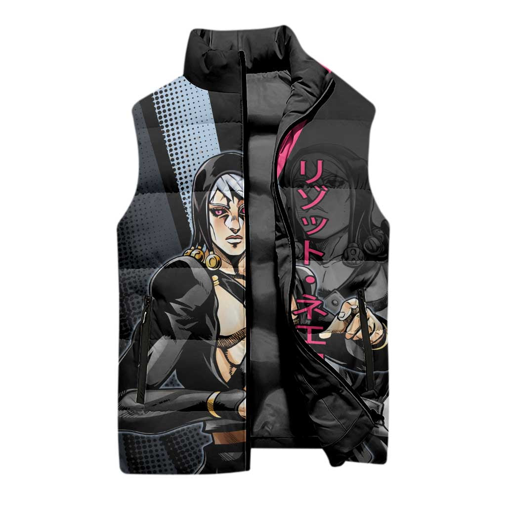 Risotto Nero JoJo’s Bizarre Adventure Sleeveless Puffer Jacket with Dark Manga Style Graphic - The Mazicc