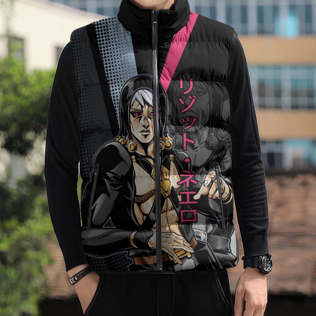 Risotto Nero JoJo’s Bizarre Adventure Sleeveless Puffer Jacket with Dark Manga Style Graphic - The Mazicc