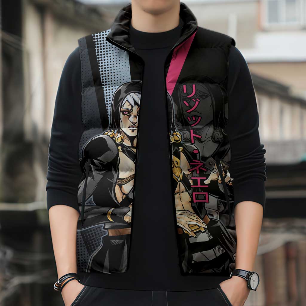 Risotto Nero JoJo’s Bizarre Adventure Sleeveless Puffer Jacket with Dark Manga Style Graphic - The Mazicc
