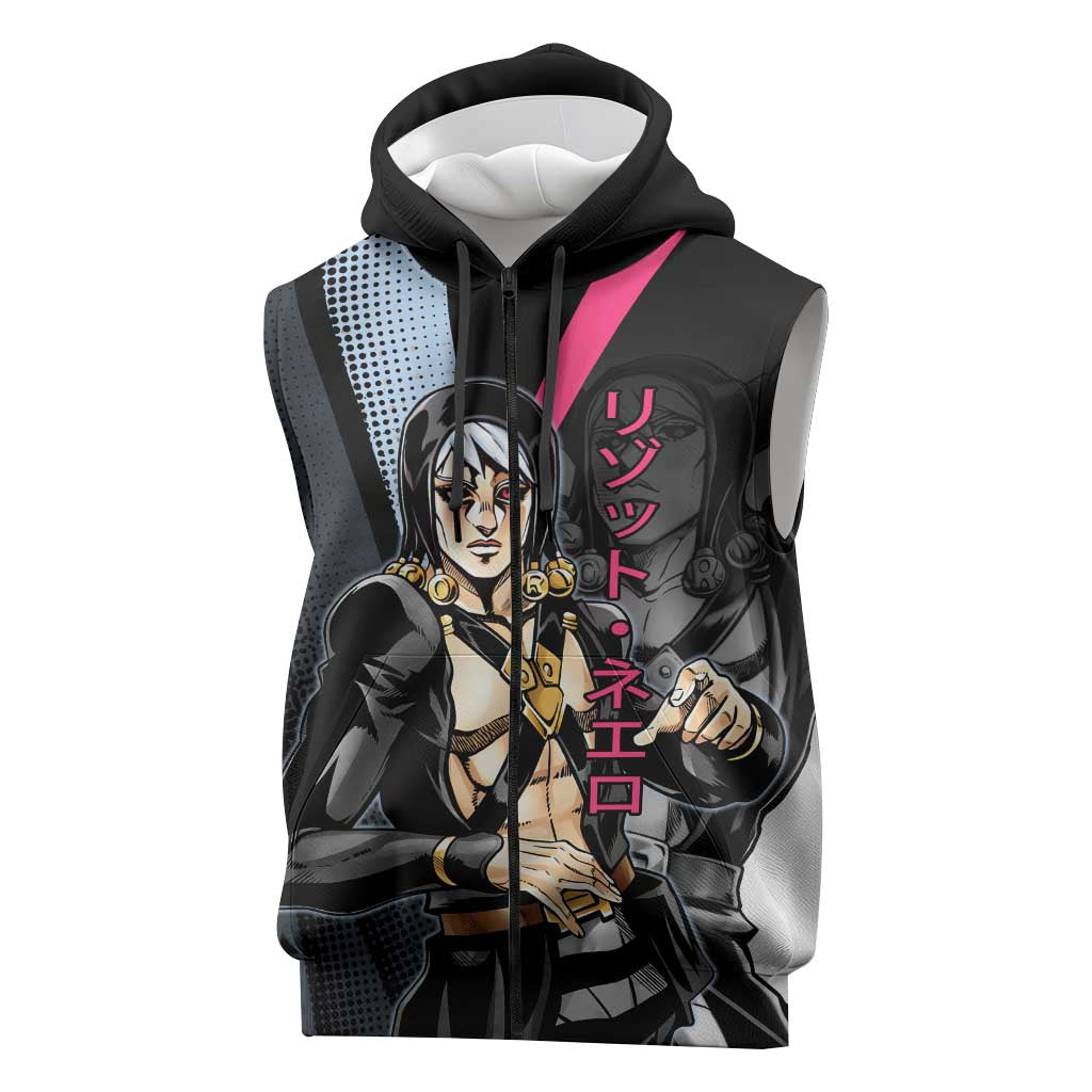Risotto Nero JoJo’s Bizarre Adventure Sleeveless Zip Hoodie with Dark Manga Style Graphic - The Mazicc