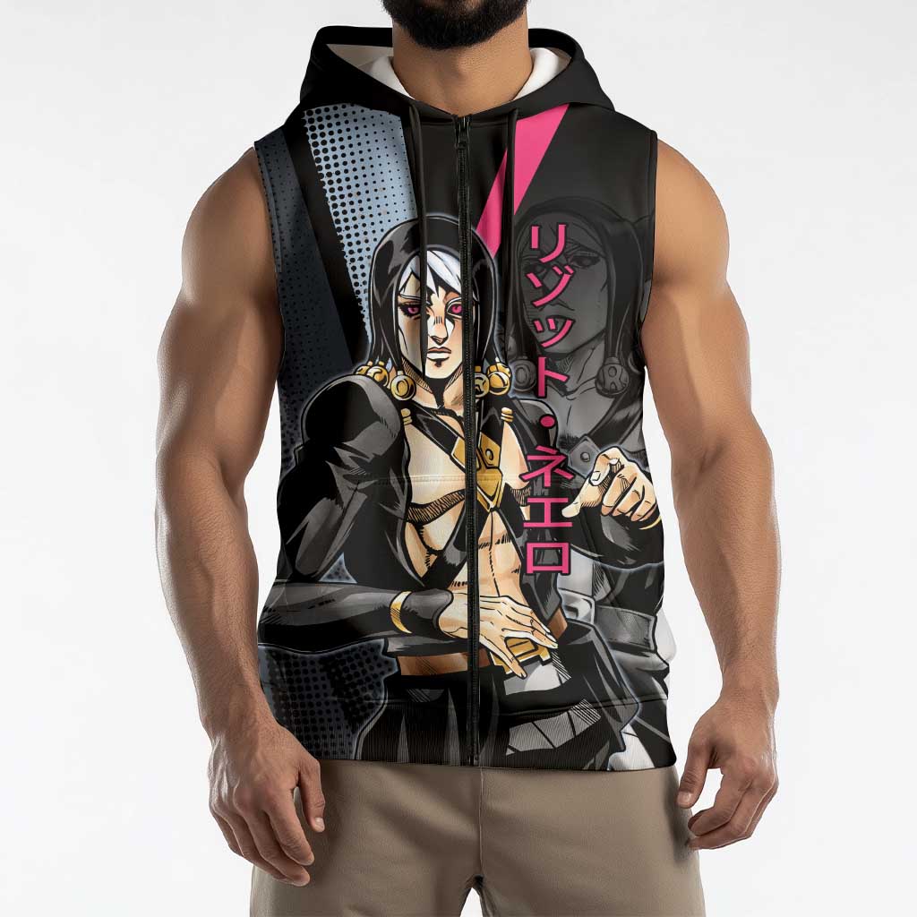Risotto Nero JoJo’s Bizarre Adventure Sleeveless Zip Hoodie with Dark Manga Style Graphic - The Mazicc