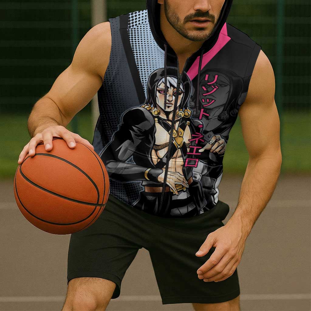 Risotto Nero JoJo’s Bizarre Adventure Sleeveless Zip Hoodie with Dark Manga Style Graphic - The Mazicc
