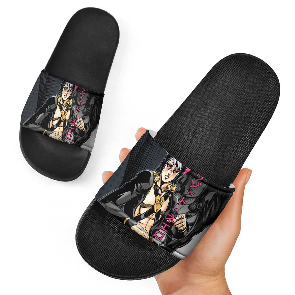 Risotto Nero JoJo’s Bizarre Adventure Slide Sandals with Dark Manga Style Graphic - The Mazicc