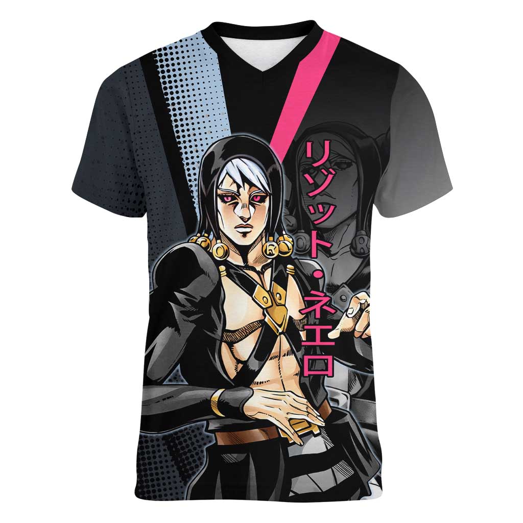 Risotto Nero JoJo’s Bizarre Adventure Women V-Neck T-Shirt with Dark Manga Style Graphic - The Mazicc