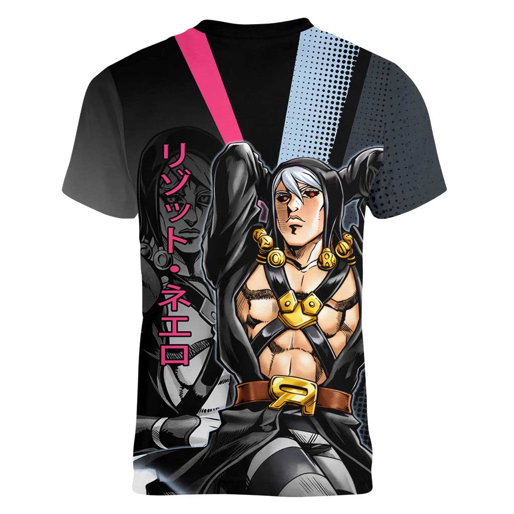 Risotto Nero JoJo’s Bizarre Adventure Women V-Neck T-Shirt with Dark Manga Style Graphic - The Mazicc