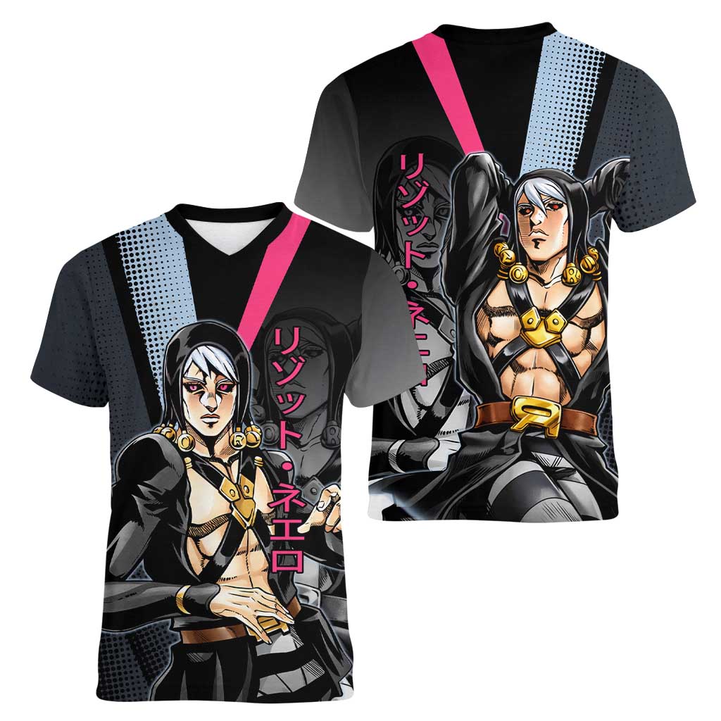 Risotto Nero JoJo’s Bizarre Adventure Women V-Neck T-Shirt with Dark Manga Style Graphic - The Mazicc