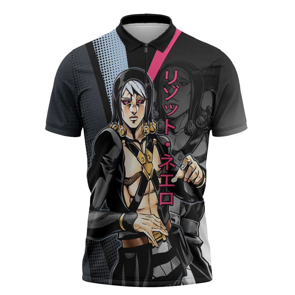 Risotto Nero JoJo’s Bizarre Adventure Zipper Polo Shirt with Dark Manga Style Graphic - The Mazicc